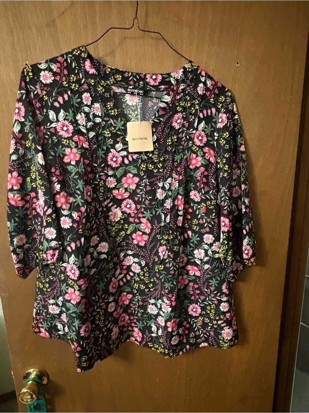 BloomChic Black Floral V-Neck Blouse with Pink & Green Print